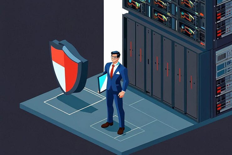 Foto 3d flat isometric super businessman holding shield protección del centro de datos racks de servidores seguridad de la base de datos y concepto de protección de datos