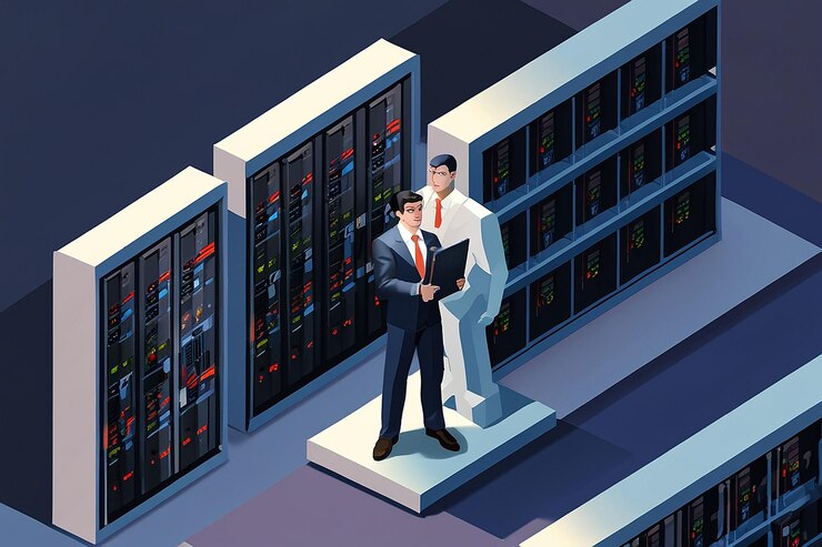 Foto 3d flat isometric super businessman holding shield protección del centro de datos racks de servidores seguridad de la base de datos y concepto de protección de datos