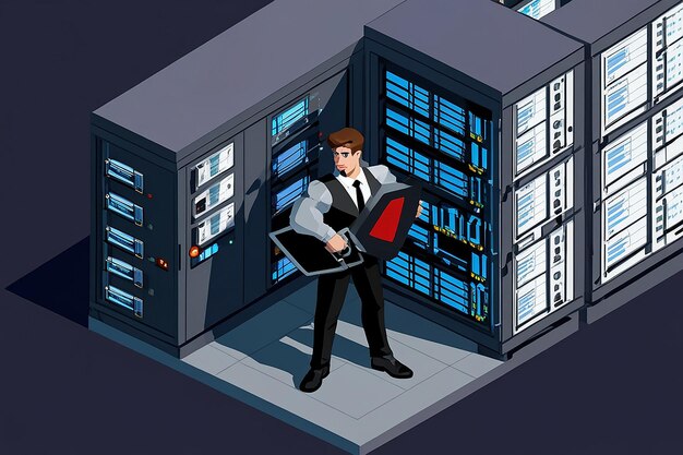 3D Flat Isometric Super Businessman Holding Shield Protección del centro de datos Racks de servidores Seguridad de la base de datos y concepto de protección de datos