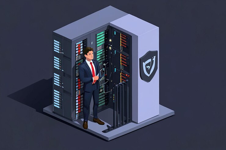 Foto 3d flat isometric super businessman holding shield protección del centro de datos racks de servidores seguridad de la base de datos y concepto de protección de datos