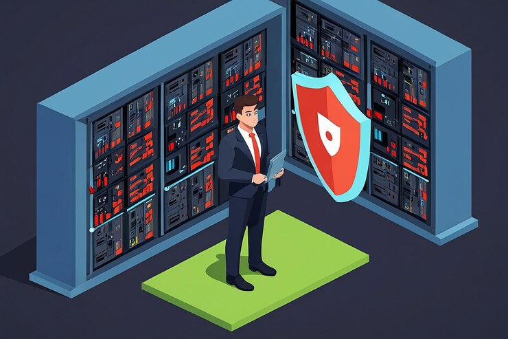Foto 3d flat isometric super businessman holding shield protección del centro de datos racks de servidores seguridad de la base de datos y concepto de protección de datos
