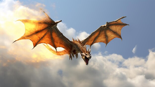 Foto 3d-fliegender drache, der feuer vom himmel atmet top-view generative ki