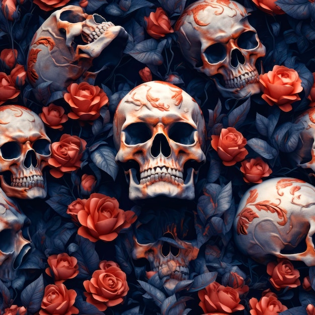 3d flores botânicas coloridas padrão de fundo sem costura com crânio papel de parede de tecido impressão textura de cabeça de esqueleto de morte tiled Ai Ilustração generativa