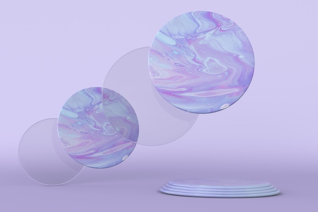 3D formas geométricas mínimas no fundo violeta pastel pódio roxo de mármore
