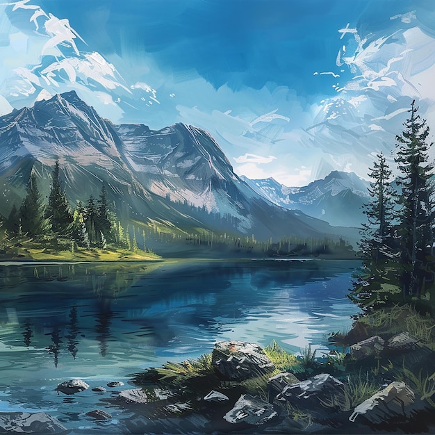 3D-Foto eines Berges mit einem See und Bäumen im Hintergrund