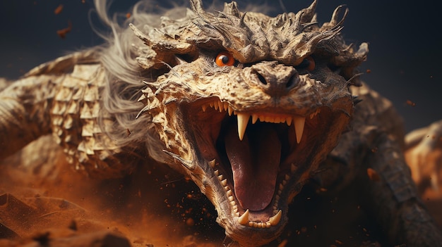 3D-Foto eines Fantasy-Dragons in den Wolken, ein grausamer Dinosaurier im Rauch, der Kopf eines Fantasy-Ebers Drago.