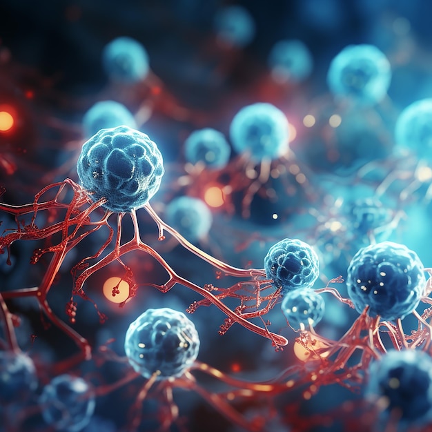 3D-Foto medizinischer Hintergrund mit Viruszellen und DNA-Strang