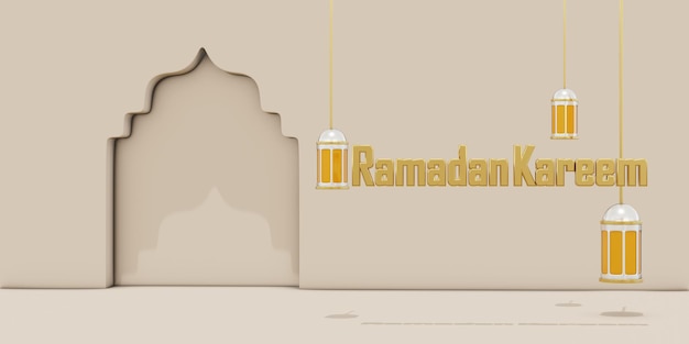 3D-Foto-Rendering islamischer Feier Ramadan Kareem mit 3D-Moschee Mond und Sterne mit Ornament