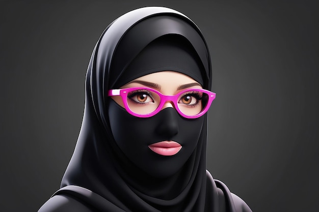 3D-Frauen Hijab Syari mit rosa Augenbrille und schwarzer Farbe Niqab gut für Ramadan oder islamisches Design-Thema