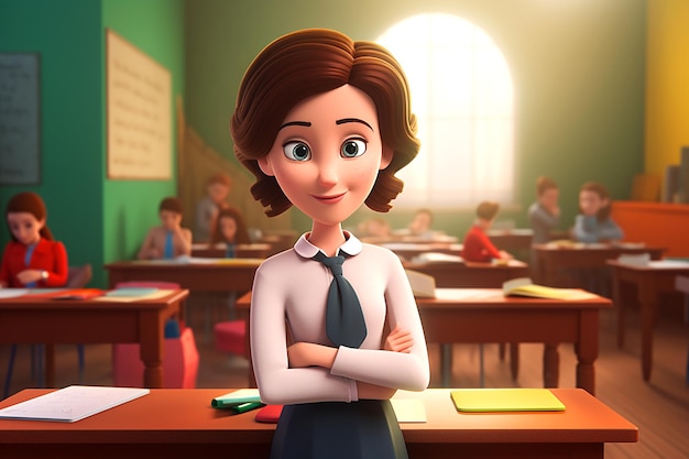 3D-Frauenlehrer-Cartoonfigur auf verschwommenem Klassenzimmer-Hintergrund