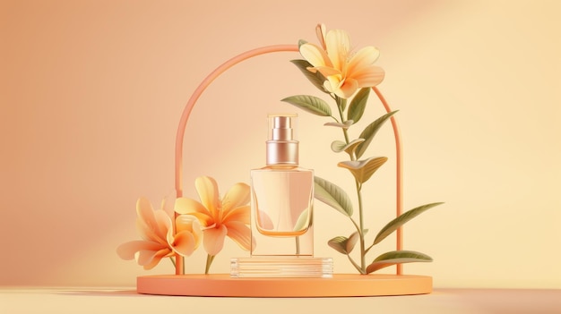 Foto 3d freesia moderna eau de toilette ad uma garrafa de vidro repousa em um arco decorado com um círculo e uma planta de vidro um fundo laranja é apresentado atrás da garrafa