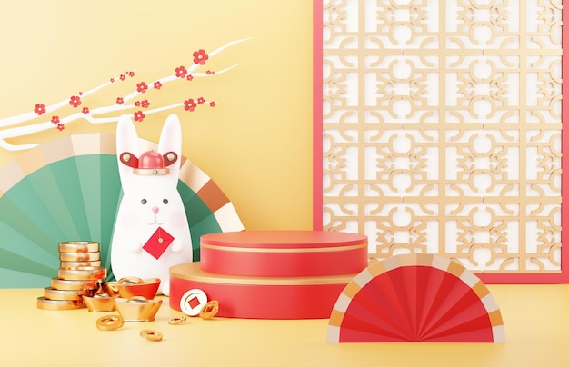 3D Frohes chinesisches neues Jahr 2023 mit dem Jahr des Kaninchens Traditionelles Podium Lunar New Year Hintergrund
