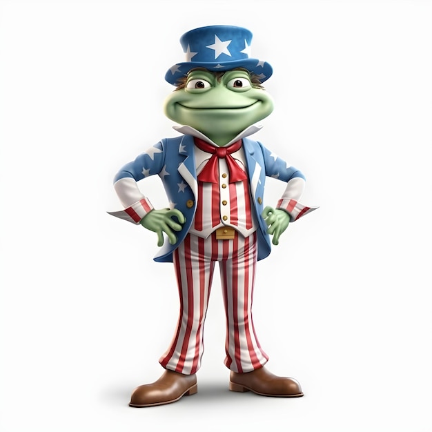 3D-Frosch-Maskottchen tragen Uncle Sam-Kostüm, amerikanischer Unabhängigkeitstag, 4. Juli