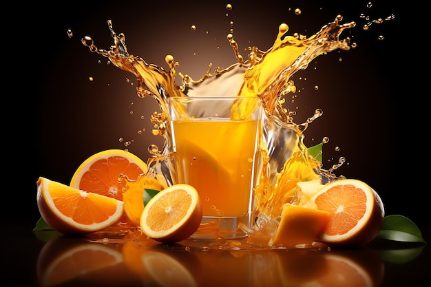 3d frutas de naranja y jugo de narenja bebida naranja mandarina y salpicaduras
