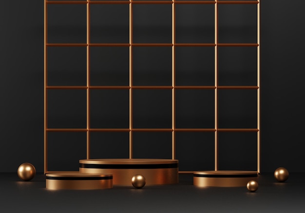 3d fundo dourado de luxo com pedestal de ouro ou maquete de pódio, plataforma vazia para vitrine de produtos
