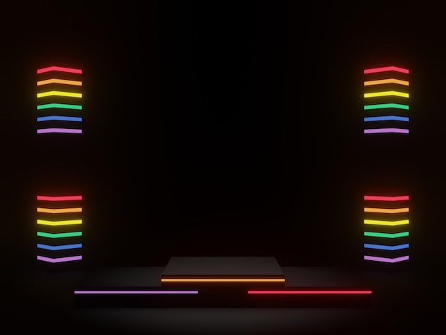 3D fundo geométrico preto com luzes de néon do arco-íris LGBTQ