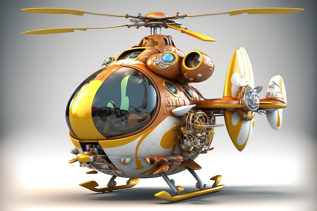 3D-Ganzkörper-Hubschrauber im Cartoon-Stil voller Studiozentrum in kleinem weißem Hintergrund