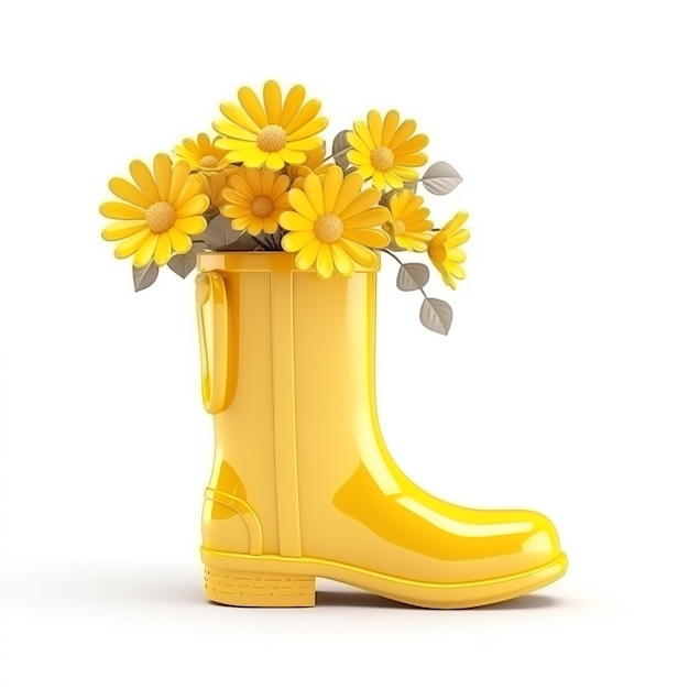 3D-gelbe Gummistiefel mit gelben Blumen Gartenbau Frühlingsgartenpflege-Konzept