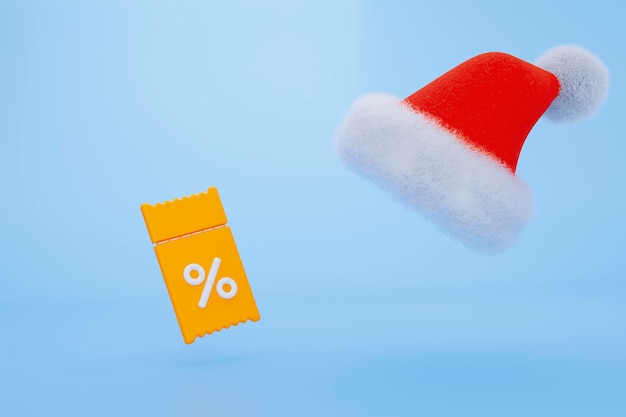 3D gelber Coupon mit roter Weihnachtsmütze auf hellblauem Hintergrund Promotion Marketing und Werbung