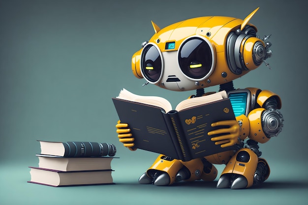 3D-gelber Roboter, der ein Buch liest, das Konzept studiert, Roboterbildung, Maschinenlernkonzept, Gener