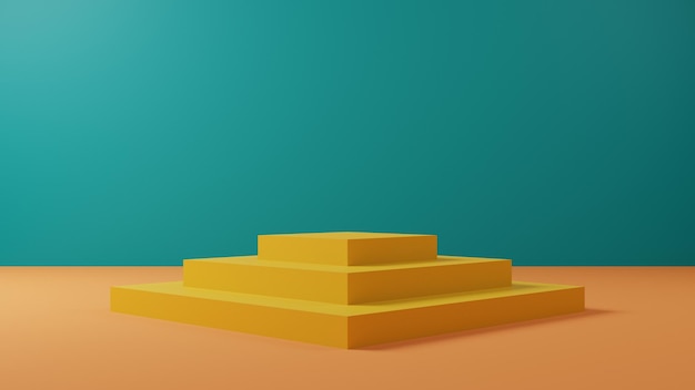 3D-gelber Sockel oder Podiumsmodell, leere Plattform mit grünem Hintergrund für Produktpräsentation