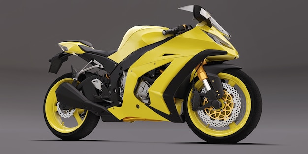 3d gelbes Supersportmotorrad auf grauem Hintergrund. 3D-Darstellung.