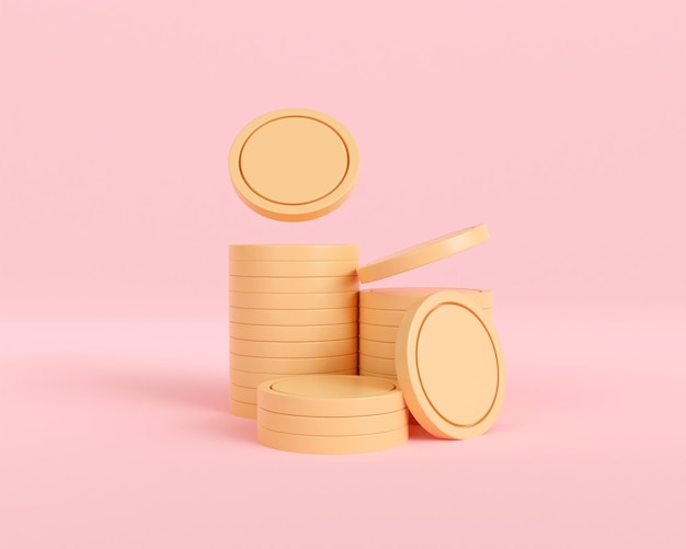 3D-Geldgoldmünzen stapeln sich auf rosa Hintergrund. Symbol für Einkommen und Belohnung Geschäfts- und Finanzsymbol.