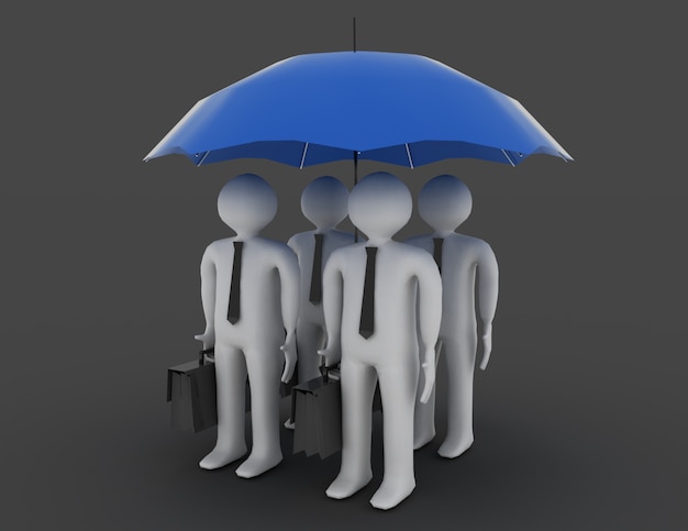 3d gente - hombres, persona bajo un paraguas. Liderazgo y equipo