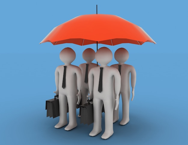 3d gente - hombres, persona bajo un paraguas. Liderazgo y equipo