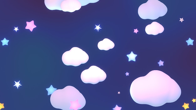 3D gerenderte Cartoon-Wolken und bunte Sterne am Nachthimmel