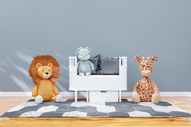3D gerenderte Illustration eines Kinderzimmers mit weißem Bettchen und ausgestopften Spielzeugtieren