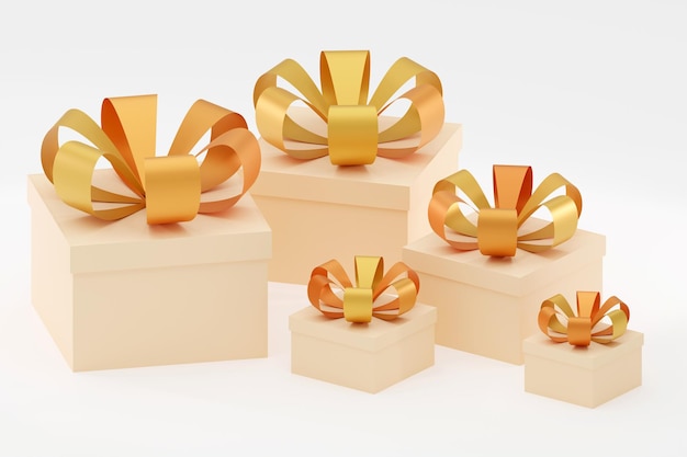 3D gerenderte Illustration Goldene Geschenkboxen geschlossen mit pastellfarbener Schleife Urlaubsüberraschungsbox