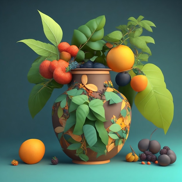 3D-gerenderte Stilllebenvase mit Blättern und brasilianischer Lebensmittel- und Pflanzentopfillustration