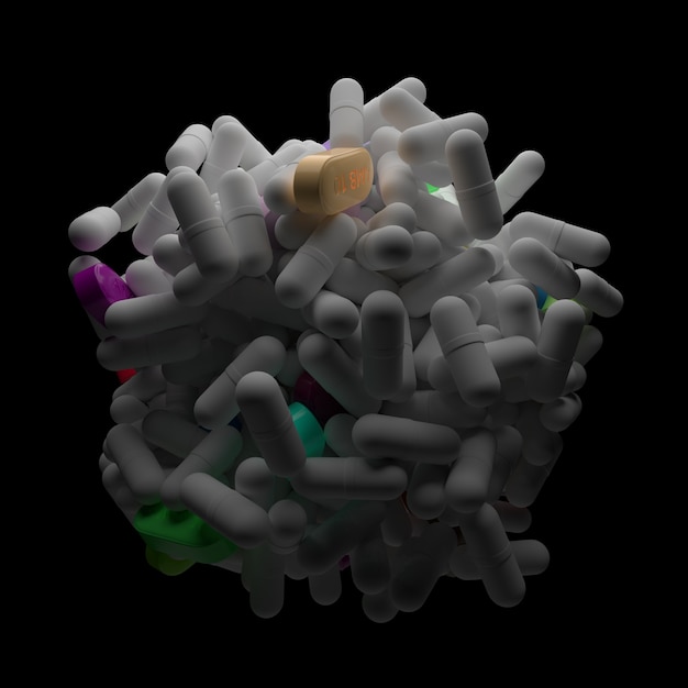 3D gerenderten medizinischen Hintergrund. Viele Pillen bilden abstrakte Form. Zufällige Pillen und Kapseln.