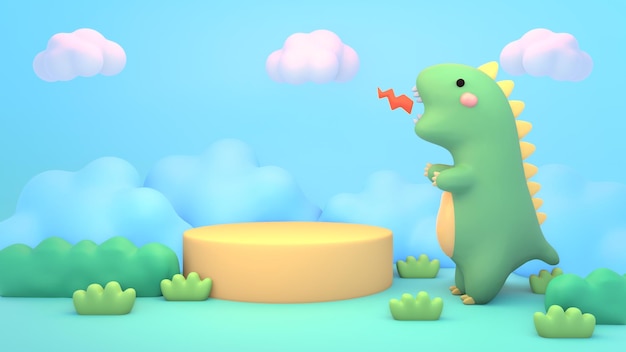 3D-gerenderter Cartoon-Dinosaurier und leeres Podium