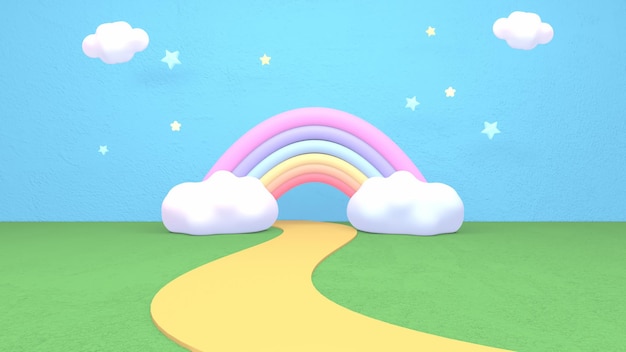 3D gerenderter Cartoon-Regenbogen und Straße