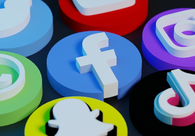 3D gerenderter Fokus auf beliebte Social Media Icons und Logos