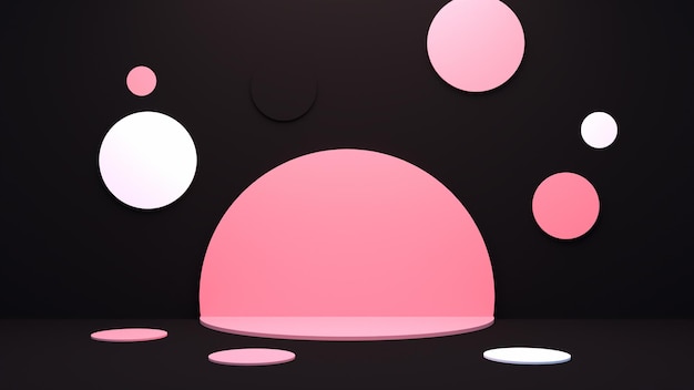 3D gerenderter Raum mit schwarzen und rosa Kreisen