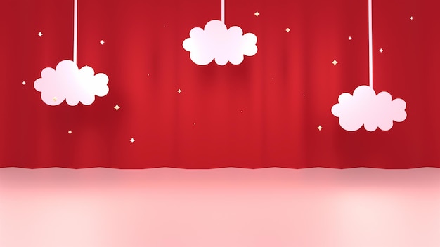 3D-gerenderter roter Vorhang, hängende Papierwolken und Sterne.