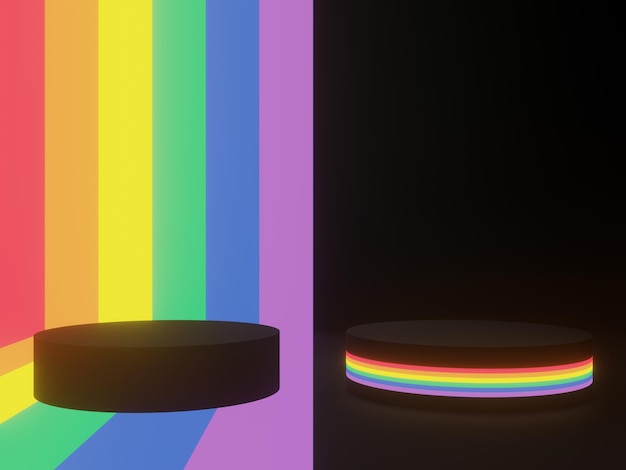 3D-gerenderter schwarzer geometrischer Hintergrund mit LGBTQ-Regenbogen-Neonlichtern