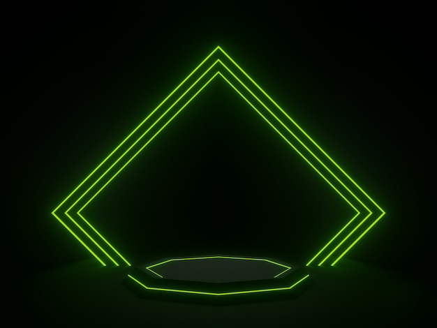 3D gerenderter schwarzer geometrischer Ständer mit grünem Neonlicht. Dunkler Hintergrund