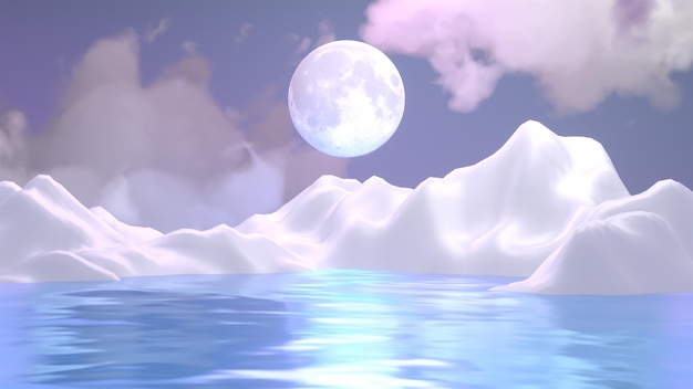 3D-gerenderter Vollmond und Meer bei Nacht