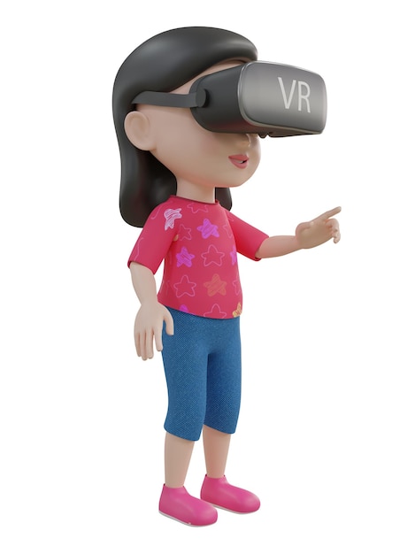 Foto 3d-gerendertes bild eines cartoon-mädchens, das ein virtual-reality-headset in verschiedenen winkeln trägt