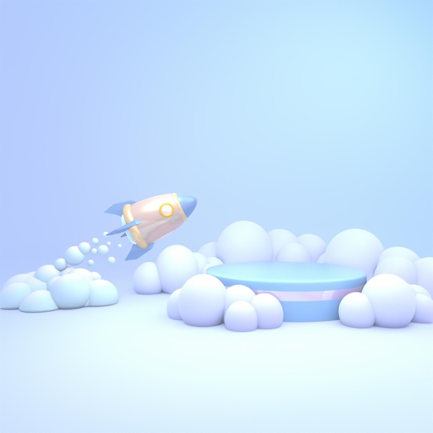 3D gerendertes Podium mit Wolken und einem Raumschiff