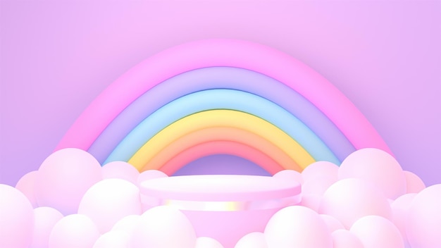 3D-gerendertes rosa Podium mit Regenbogen und Wolken