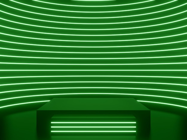 3D-gerendertes schwarzes geometrisches Podium mit grünen Neonlichtern SciFi-Attrappe