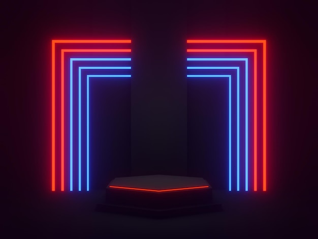 3D-gerendertes schwarzes geometrisches Podium mit roten und blauen Neonlichtern