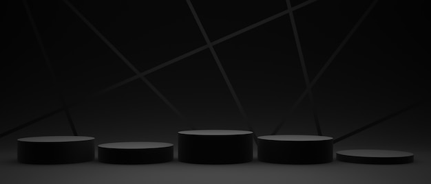 3D gerendertes schwarzes geometrisches Produktpodest. Dunkler Hintergrund.