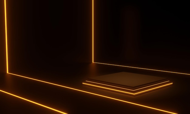 3D gerendertes schwarzes wissenschaftliches Bühnenpodium mit Neonlicht. Dunkler Hintergrund.