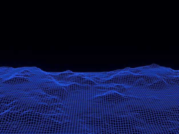 3D gerendertes topografisches Berggitter-Drahtmodell. Holographisches Gelände.